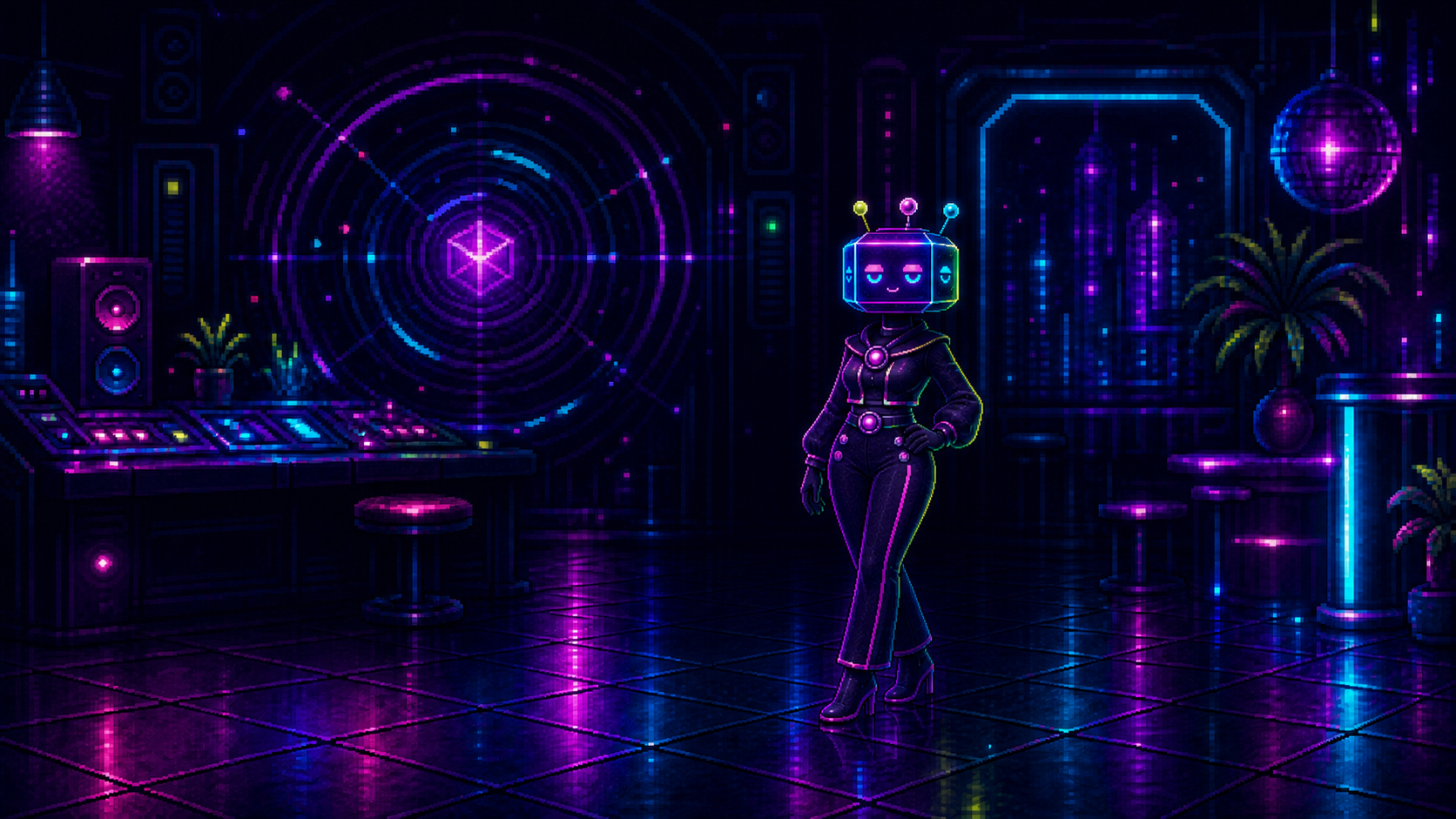 Sofia's anthropomorphic assistant in a digital club control room, with a prism head and several relaxed faces aligned at the same height.